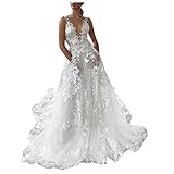 Brautkleider Hochzeitskleider A Linie Damen Tiefes V-Ausschnitt Lang Weiß Brautkleider Elegant Spitze Brautmode Rückenfrei Abiball Prinzessin Kleider Abendkleider Hochzeit Cocktailkleider Bodenlang