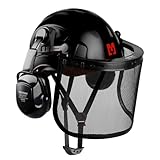 Mustbau Kettensägen-Schutzhelm, Schutzhelm mit Gehörschutz und Netzvisier, 53 bis 63 cm Verstellbarer Kopfumfang Geeignet für Forstwirtschaft, Baustelle, Arbeit - Schwarz