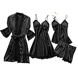 Dessous, Nachtwäsche, Damen, Spitze, Robe, Kleid, Set, Pyjama, Nachthemd, Seide, Übergröße, trägerloser BH für Damen, 44 g, Schwarz , XXL
