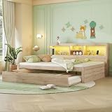 Kebnor Schlafsofa, Daybett, Tagesbett, Ferngesteuerte Ambientebeleuchtung, Bettseitiges Staufach, Ausziehbares Bett, Steckdose + USB, (Ohne Matratze) (Natur, 140 * 200cm)