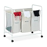 Relaxdays Wäschesortierer, 3 beschriftete Fächer, Rollen zum Feststellen, Volumen 100 Liter, HxBxT 76 x 80 x 46cm, beige, 1 Stück