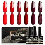 Shining She UV Nagellack Rot,6 Farben Glitzer Rot Burgunder Dunkel Gel Nagellack Set Soak-Off UV Shellac Nagellack Maniküre Set für Anfänger Nail Art Salon DIY, 8ML