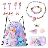 Infankey Turnbeutel Kinder, Einhorn Geschenke für Mädchen, 14 Stück Kordelzug Rucksack Set, Einhorn mit BärKordelzug Rucksack Kinder mit Regenbogen Einhorn Perlen Halsketten Armband Ohrring Set