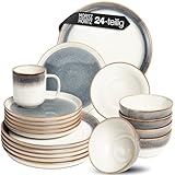 Moritz & Moritz TARENTO 24-tlg. Geschirrset 6 Personen Grau - Elegantes Teller Set aus hochwertigem Steinzeug - Geschirr Set aus 6x Dinnerteller, 6x Dessertteller, 6x Suppenteller und 6x Tassen
