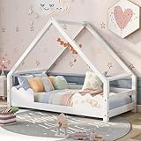 BXEYXE Hausbett Kinderbett 90x200cm mit Rausfallschutz Spielbett Jugendbett Massivholz in Weiß