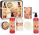 BRUBAKER Cosmetics Bade- und Dusch Set Mohnblumen Duft - 7-teiliges Geschenkset im rustikalem Deko-Korb