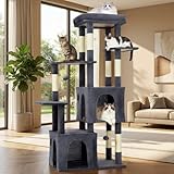 Katzenbaum 155 cm für Große Katzen – Kratzbaum mit Extra Großer Liegefläche, 2 Katzenhöhlen, Mehrstöckiger Kletterbaum für Maine Coon & Erwachsene Katzen, Sisal Kratzsäulen mit Spielzeug, Dunkelgrau