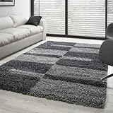 Carpettex Hochflor Teppich Wohnzimmer Shaggy Flokati Modern Kariert Design 160 x 230 cm Grau - Schlafzimmer Weich Flauschig Waschbar - Küche Esszimmer Langflor Teppiche