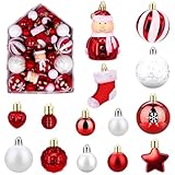 HidWee 72 Stück Weihnachtskugeln Plastik Set Rot Weiß, Klassische Christbaumkugeln Kunststoff Deko Weihnachten, Weihnachtsbaum Dekoration Set mit Aufhänger Bruchsicher, Weihnachtsdeko Innen Aussen