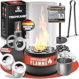 Tischkamin Ethanol Tischfeuer Indoor & Outdoor - Bioethanol Tischkamin Mit Verstellbarer Flamme - 2 Brennkammern für unendliche Brenndauer - Bio Ethanol Kamin mit Zwei Steinarten - Balkon Gartendeko