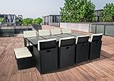 Ribelli Gartenmöbel Set 13-Teilig, Balkonmöbel aus Polyrattan, Wetterfest Sitzgruppe, Sitzgarnitur mit Sofa, Esstisch, Outdoor Kissen, Hocker, Stapelbar, für Rasen, Terrasse, Balkon, Garten, Schwarz