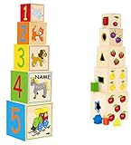 2 in 1: Steckspiel u. Stapelwürfel aus Holz - incl. Namen - Formen/Farben/Zählen Lernen - Würfel - Motorikspiel Steckwürfel - Motorik - Steckpuzzle - geom..