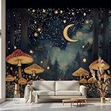 Kioldoq Pilz Wildpflanzen Fototapete 100 x 70 cm, Baum Botanisch Motivtapeten Schlafzimmer, Mond Stern Wandtapete 3d Effekt Selbstklebende Tapete Wand Dekoration Flur Wohnzimmer