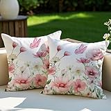 Vorysum 2er Set Outdoor Kissenbezug 40x40 cm Rosa Blumen Dekokissen Wetterfest Kissen Sommer Modern Kissenbezüge für Garten Sofa Couch Wohnzimmer Schlafzimmer Doppelseitiges Muster