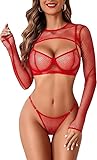 Avidlove Damen Dessous Set Sexy Spitze Unterwäsche Bügel-BH Verstellbare Spaghettiträger Babydoll Reizwäsche Lingerie Set Mit Push up BH Und Slip,RotM