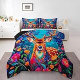 Loussiesd Netter Hirsch Bettdecke 200x200cm Hirsch Jagd Steppbett Bunte Blumen Geweih Western Farmhous Steppdecke Wild Tier Winter Sommer Bettdecke