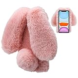 LCHDA Plüsch Hülle für iPhone 12 Mini 5,4' Flauschige Hasen Fell Künstliche Kaninchen Pelz Niedlich Hasenohren Mädchen Süße Handytasche Stoßfest Schützend TPU Silikonhülle - Rosa