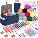 Coopay 73 Stück Häkelset für Anfänger, Tragbar Häkelnadel Set mit 15 Wolle, Tasche, Häkelzubehör, 2,0-10 mm Ergonomische Häkelnadeln mit Lang Weicher Griff, Praktische Häkelnadel Set, Dunkelblau