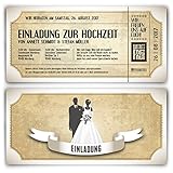 Kartenmachen.de Personalisierte Einladungskarten zur Hochzeit (ab 10 Stück Sets selbst gestalten) als Eintrittskarte mit echtem Abriss im Vintage Ticket Look Hochzeitskarten in Weiß