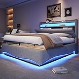 Dolamaní Polsterbett Doppelbett 140x200 cm, mit LED-Beleuchtung, Hydraulikmechanismus, USB- und Typ-C-Anschlüssen, Polster Kopfteil mit Ablageflächen, Leinenstoff, Ohne Matratze (Grau)