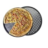 Pizzablech 36cm rund und gelocht, 2er Set, perforierte antihaft Pizzapfanne aus Karbonstahl, Pizzaform für Ofen