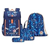 Amythe Set 4-teilig Schulranzen Jungen Ergonomischer, Schulrucksack Jungen der ab 1. Klasse, Rucksack Kinder mit Brustgurt, Reflektoren, Abnehmbarer Gürtel, Weltraum-Motiv