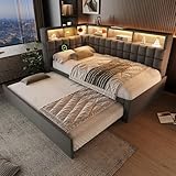 ZIDEY Tagesbett 90x200 mit Ausziehbett 90x190, Schlafsofa mit LED & USB & Bluetooth, Daybett Ausziehbett mit Lattenrost, Gästebett, Ohne Matratze, Grau