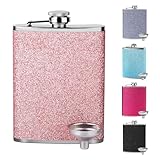 Flachmann mit Glitzer, Edelstahl Flachmann für Frauen, Whisky Alkohol Flachmann mit Trichter, Tragbar Flachmann Zum Wandern, Klettern, Angeln, Camping, 8Oz /240 ml, (Rosa)