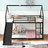 EMKK Kinderbett Etagenbett 90x190 mit Rutsche & Leiter, Eisen Hochbett Hausbett für 2 Kinder, Stockbett Doppelbett für Kinder Schlafzimmer, Ohne Matratze (Schwarz)