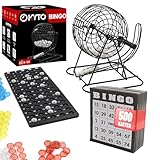 Kyto Bingo Spiel Metalltrommel 18 Bingotickets, 75 Bingo Kugeln, 150 Chips Spielbrett + 500 Bingokarten schwarz Erwachsene Kinder