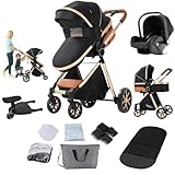 Reenborn Kinderwagen 3 in 1, Buggy mit Ein-Klick-Faltdesign, Kinderwagen mit Zwei Umkehrbaren Schiebemodi, Kombikinderwagen 3 in 1 Komplettset mit Rahmen Aluminiumlegierung (FV9 Black)