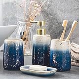 Ceramic Bathroom Accessories Set, 4-Piece Gradient Blue Bathroom Accessories Set Complete with 2 Gargle Cups,1 Soap Dishes,1 Lotion Dispenser
