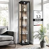 K-Möbel Glasvitrine Stehend (176x37x33cm) - Made in Germany - Vitrinenschrank Schwarz/Sonoma Eiche mit 4 höhenverstellbaren Glasböden & LED - Vitrine Glas stehend - Glasschrank - Cabinet
