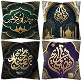 Dinntty 4 Stück Eid Mubarak Kissenbezüge Ramadan Kissenbezüge Mode Wohnzimmer Sofa Kissenbezüge Bedruckte Festivaldekorationen