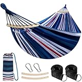 ANYOO Baumwolle Stoff Hängematte mit Abnehmbaren Holzstange, Bequem Outdoor Stabhängematte mit Gürtelzubehör für Innen/Draussen Balkon Terrasse Garten Park Camping Strand
