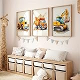 Uixxducc 3er Set Bilder Poster Kinderzimmer Baufahrzeuge Baumaschinen Bagger Bilder Set Junge Mädchen Wandbilder Deko Babyzimmer Kinderbilder Premium Ohne Rahmen (40×50 cm)