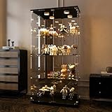 BPKADHY Glasvitrine Standvitrine,4 Lagen Glas Vitrine Vitrinenschrank,2 Türen,LED Lampe Und Schloss mit Spiegelrückwand Glasvitrine Stehend,Wohnzimmerschrank für Sammlerstücke und Bücher
