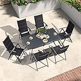 PURPLE LEAF Aluminium Sitzgruppe 6+1 Gartenmöbel Set Klappbar Gartentisch 196x85 cm mit 6 Verstellbare Rückenlehne Stühle Gartengarnitur Set Terrassenmöbel Set, Schwarz