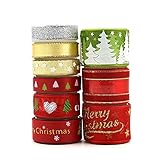 Pveath Weihnachtsbänder 9 Rollen Rot/Silber/Gold/Grün Geschenkbänder Ripsband Bandstreifen Glänzendes Geschenk Kuchenverpackung Weihnachtsdekor Bandriemen Trim Haarband Nähen