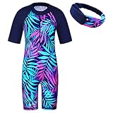 ZNYUNE Mädchen Einteiler Kurzärm Badeanzug Stoffdruck Kinder Schwimmanzug +Haarreif S419 NavyLeaves 10A