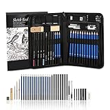 AGPTEK 41tlg Zeichenset - Bleistifte Skizzierstifte Set mit 50 Blatt Zeichenblock, 5H-8B Künstlerset im Reißverschluss Etui, Zeichnung Zubehör Set für Künstler, Anfänger, Schüler