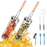 2 Stück Grillkorb Edelstahl mit Abnehmbarem Griff, Grill Zubehör BBQ GrillgemüSe Grillkorb Zylindrisch, Rolling Grillkorb Grillzubehör Camping und Terrassengrills Freien
