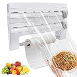 Frischhaltefolienspender, 6-in-1 Frischhaltefolie Abroller Folienspender, Plastiktütenhalter, Folienspender Mit Cutter Wandrollenhalter, Frischhaltefolienschneider für Küchenschublade