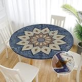 Morbuy Tischdecke Outdoor Rund 100 cm, Elastisch Rund Abwaschbar Tischdecken Wasserabweisend Lotuseffekt Garten Tischdecke Blau Mandala Table Cloth, Ideal für 80cm-90cm