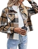 Zeagoo Übergangsjacke Damen Hemdjacke Karierte Kurz Shacket Langarm Hemd Bluse Mantel Flanell Jacke mit Knöpfen Braun XL