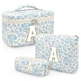 beifon 3er Set Kosmetiktasche Kulturtasche Damen mit Blumenmuster, Kulturbeutel Wasserdicht Make Up Tasche, Tragbare Schminktasche Makeup Bag Waschtasche Groß Frauen Mädchen (Buchstabe A)