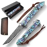 DRACHENADER Tanto Damast Taschenmesser Klappbares Abalone Messer für Männer, Handgeschmiedet Vg10 Damaststahl Lederscheide, Männer Geschenke für Geburtstag, Weihnachten, Vatertag