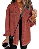 Vetinee Oversize Jeansjacke Damen Jeans Jacke Damen Jeansjacke Lang Damen Jacke Frühling Damen Jacke Frauen Jeansbluse Damen Sommer Ture Rot Größe Large Passt EU Größe 42 bis EU Größe 44