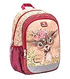 Belmil Kindergartenrucksack mit Brustgurt und Namensschild für 3-6 Jährige / Mädchen / 12 L / Krippenrucksack Kindergartentasche Kindertasche / Ren / Rot, Gelb (305-4/A Animal Forest Bambi)