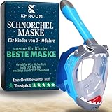 Khroom Schnorchelmaske Kinder ab 3 Jahre | TÜV geprüft & CO2 sicher | Vollgesichtsmaske / Tauchmaske Kinder ganzes Gesicht | Tauchermaske mit Tragetasche (Hai Blau)